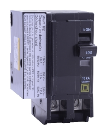 QOB2801021 Mini circuit breaker, QO, 80A, 2 pole, 120/240VAC, 10kA, bolt on mount, AC shunt trip