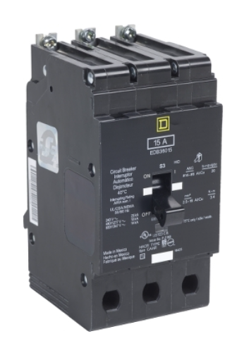EDB36015 Mini circuit breaker, E-Frame, 15A, 3 pole, 600Y/347VAC, 25kA max, bolt on [TAA]