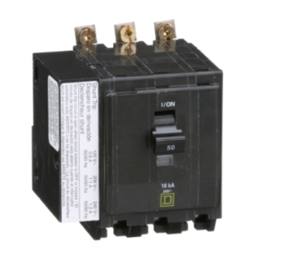 QOB3501021 Mini circuit breaker, QO, 50A, 3 pole, 120/240VAC, 10kA, bolt on mount, AC shunt trip