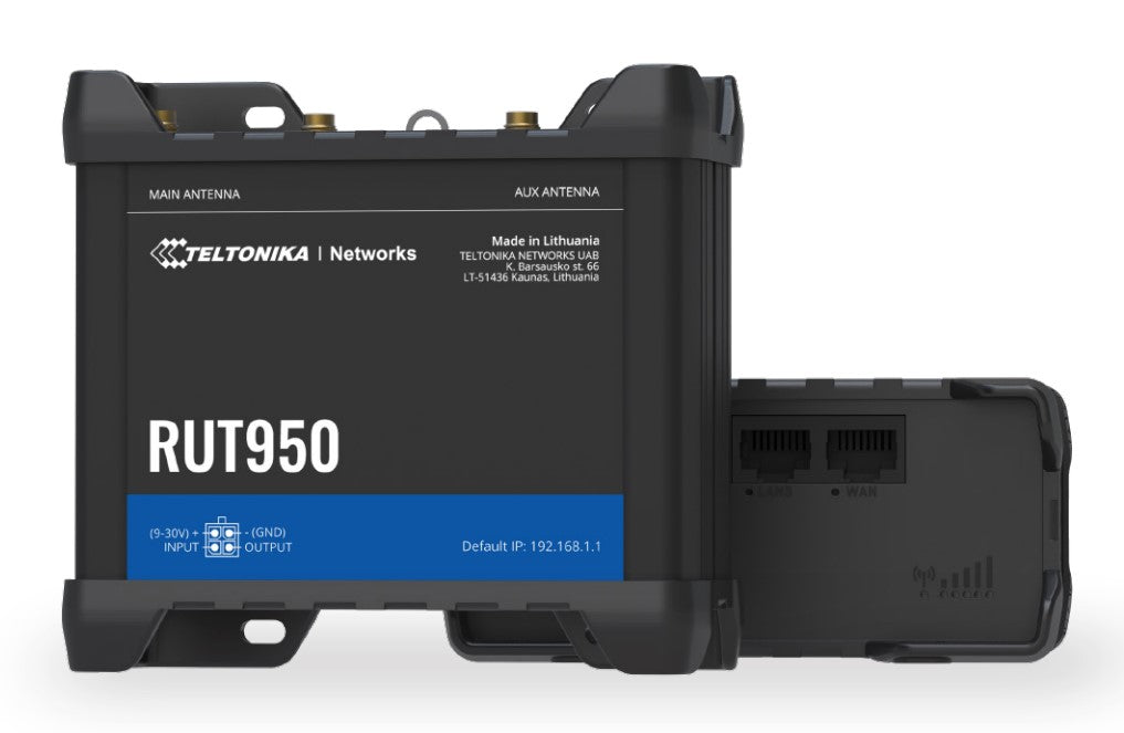 RUT950U025A04G 4G LTE Cat 4 up to 150 DL/50 UL Mbps; 3G up to 21 DL/5.76 UL Mbps; 2G up to 236.8 DL/236.8 UL kbps